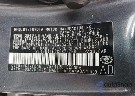 2012 Toyota Corolla Base из США, поврежденный, VIN 2T1BU4EE2CC876796